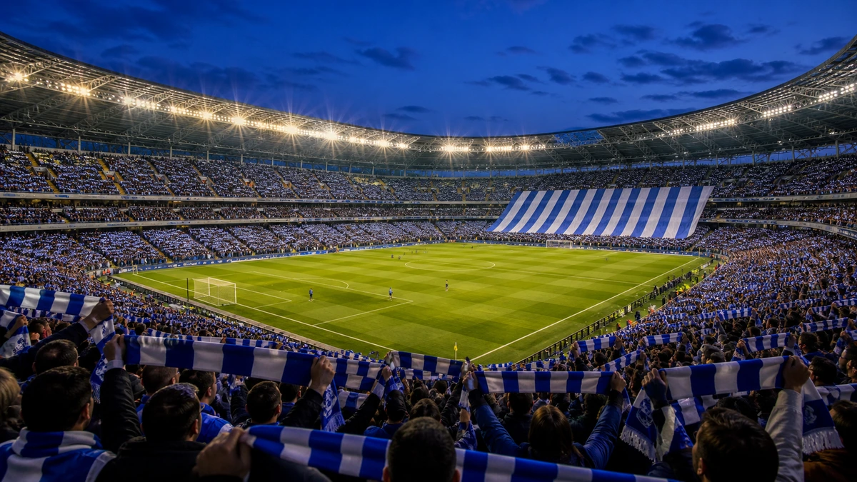 RCDE Stadium 夜色下亮起球場燈,看台上藍白色圍巾高舉