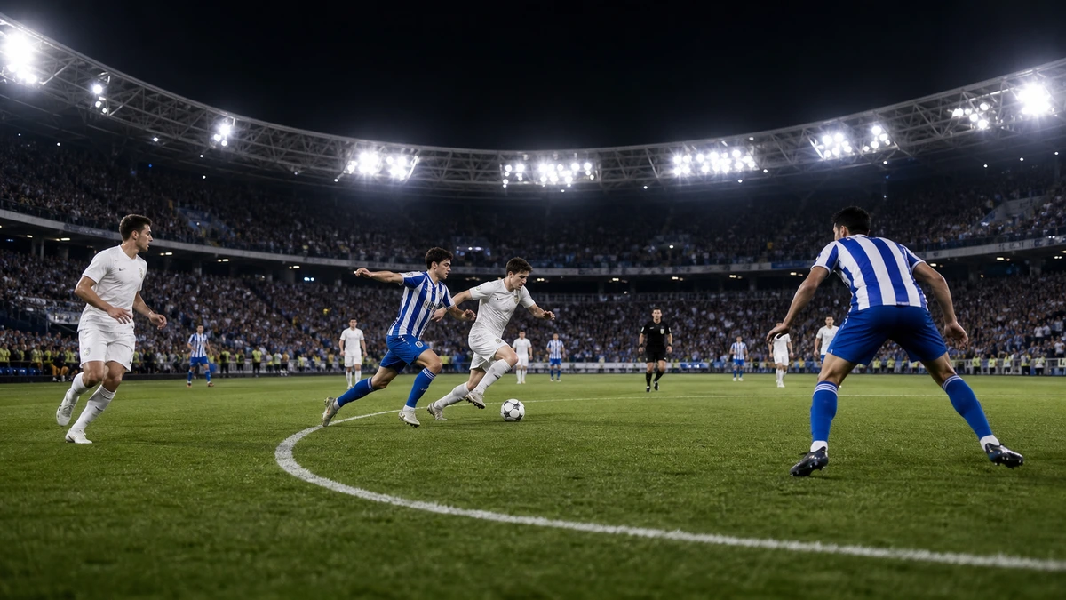 RCDE Stadium 夜賽全景，白色與藍白間條球衣球員在中圈附近爭奪皮球