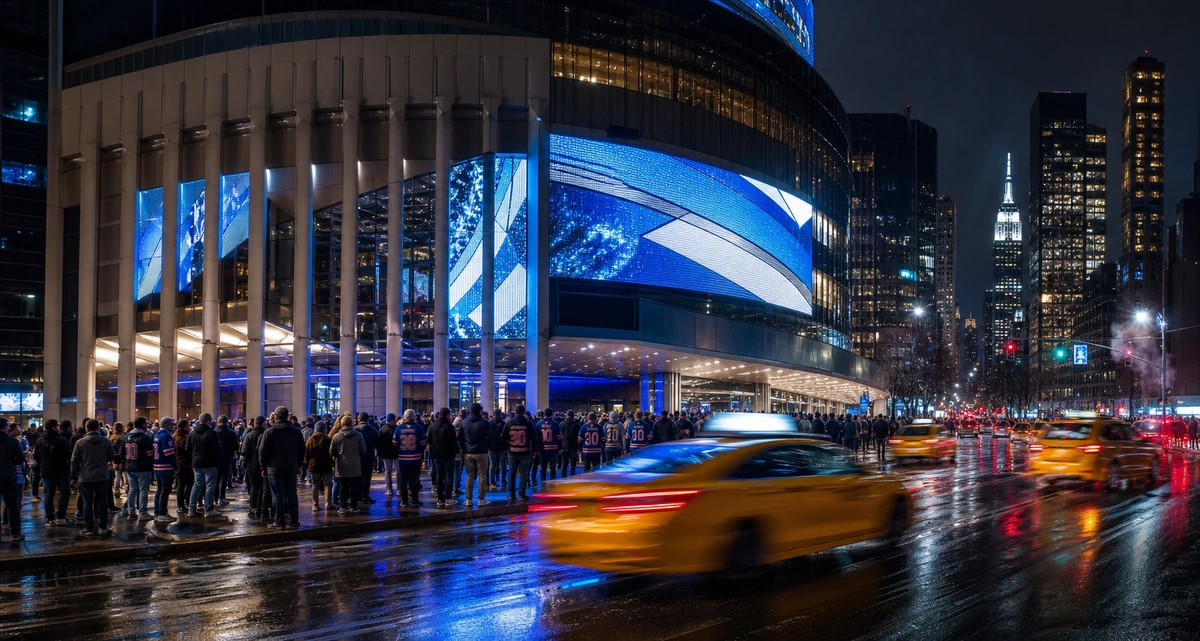 夜晚的美國城市球館外牆亮起巨型 LED 燈牌,人群在門外排隊入場,街燈與招牌倒映在濕滑地面